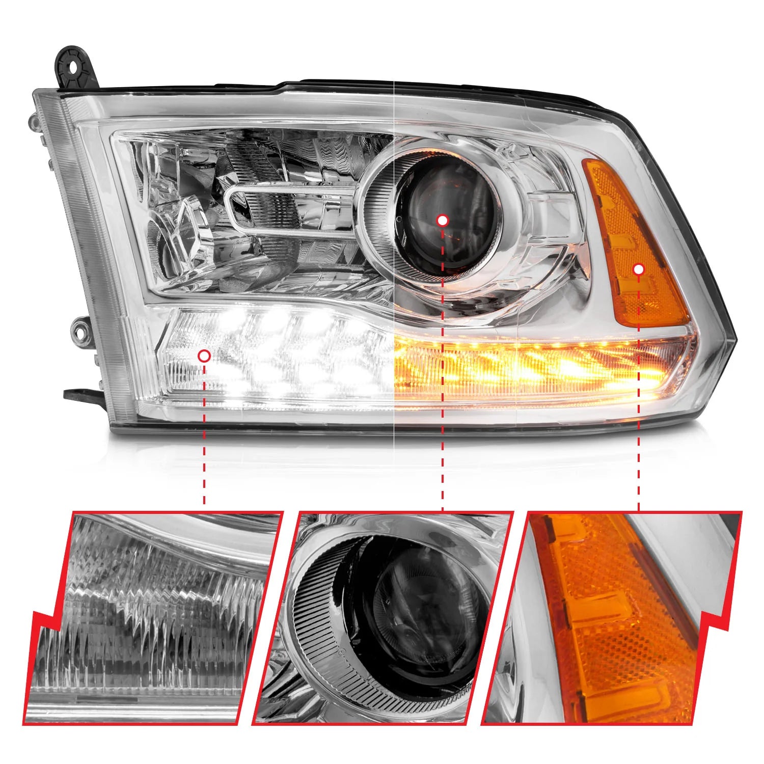 Anzo 111440 Chrome Plank Style Switchback Projector Headlights (2010-2018 6.7L Cummins, 2014-2018 3.0L EcoDiesel)