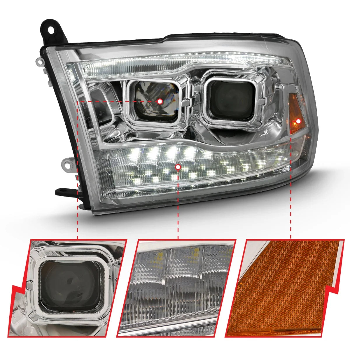 Anzo 111442 Chrome Switchback Projector Headlights (2010-2018 6.7Cummins, 2014-2018 3.0L EcoDiesel)