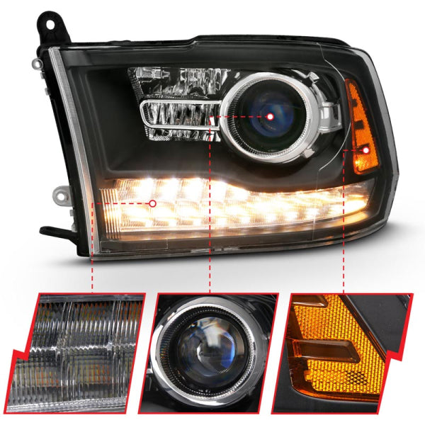 Anzo 111489 Black Plank Style Switchback Projector Headlights With Halo (2010-2018 6.7L Cummins, 2014-2018 3.0L EcoDiesel)