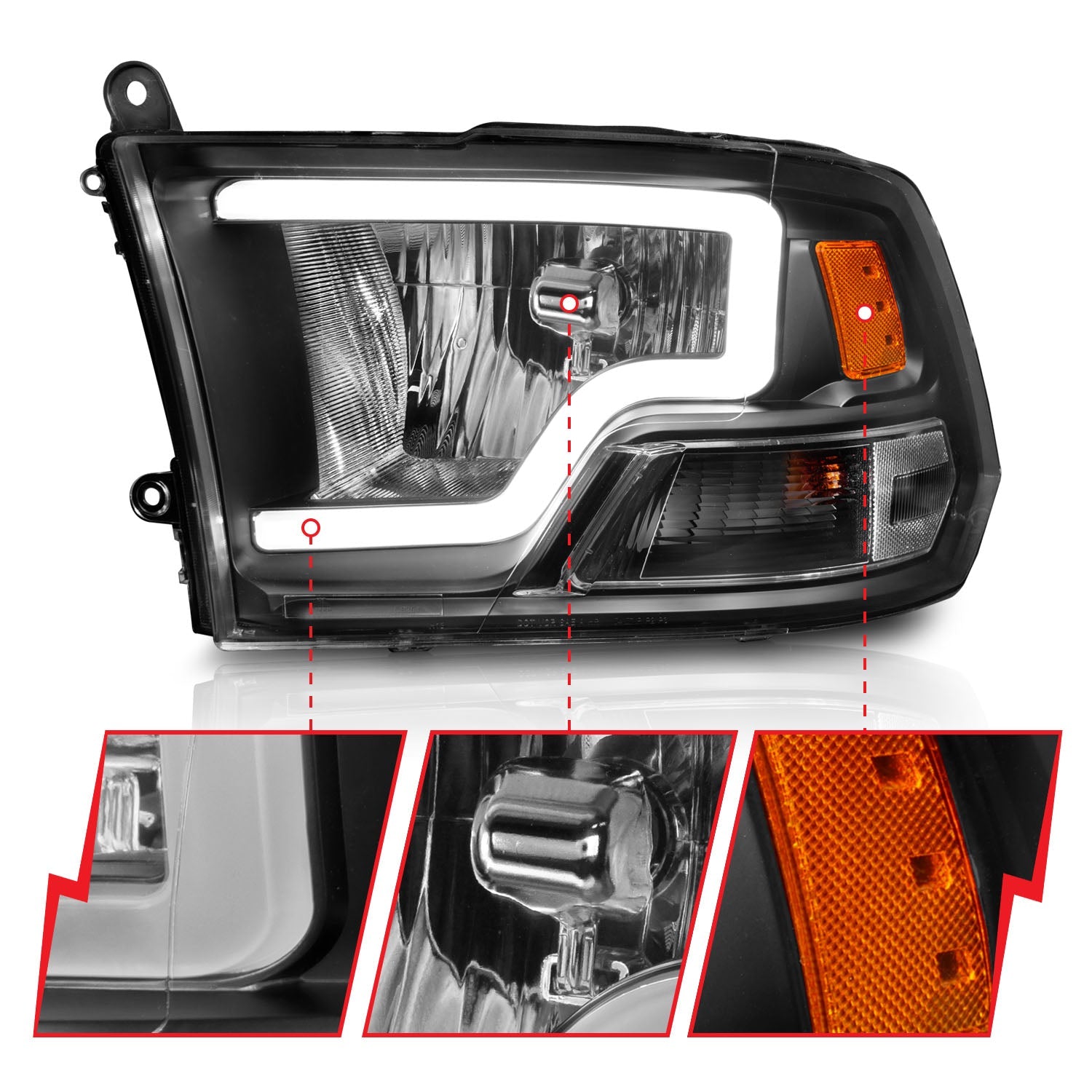 Anzo 111515 Black Crystal Headlights With LED Plank Light Bar (2010-2018 6.7L Cummins, 2014-2018 3.0L EcoDiesel)