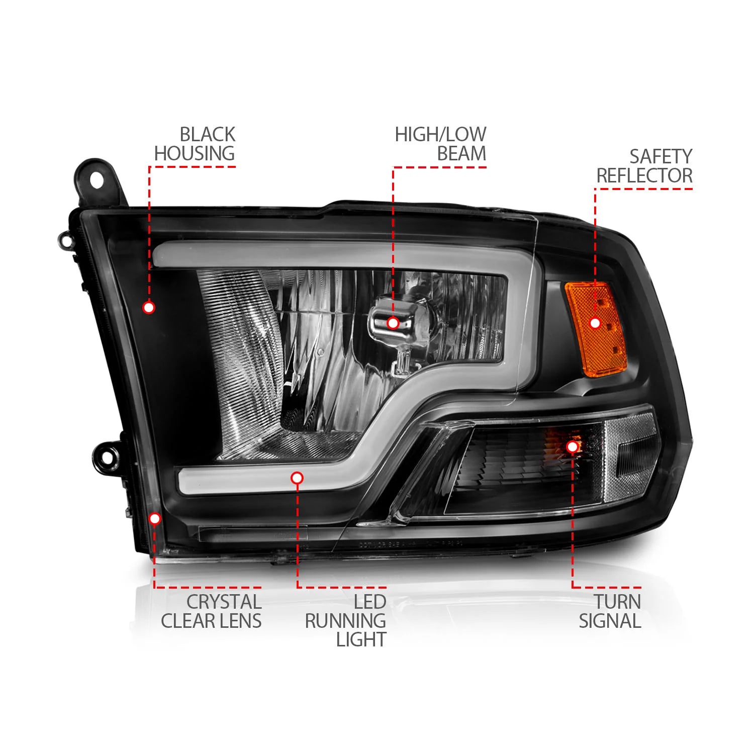 Anzo 111515 Black Crystal Headlights With LED Plank Light Bar (2010-2018 6.7L Cummins, 2014-2018 3.0L EcoDiesel)