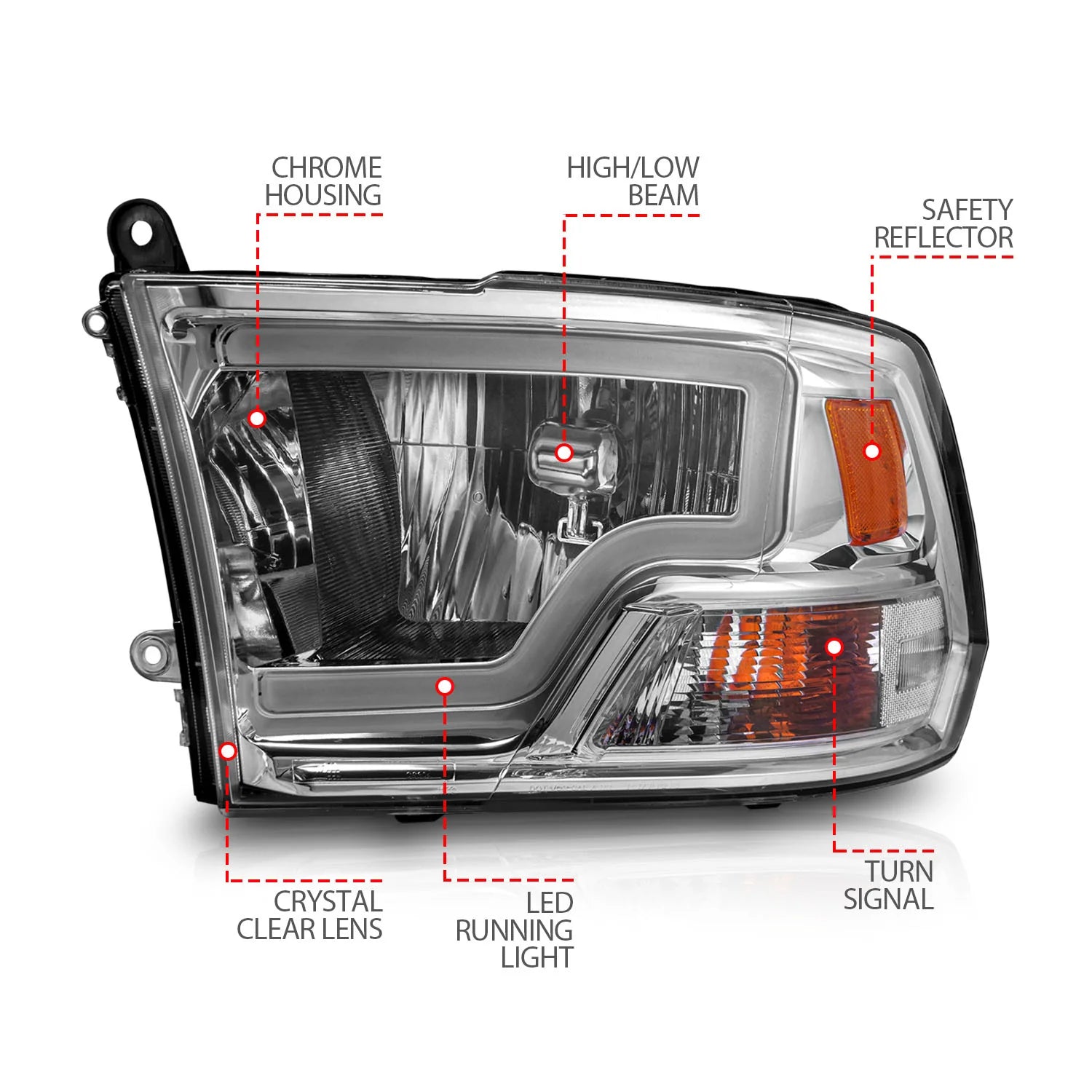 Anzo 111516 Chrome Crystal Headlights With LED Plank Light Bar (2010-2018 6.7L Cummins, 2014-2018 3.0L EcoDiesel)