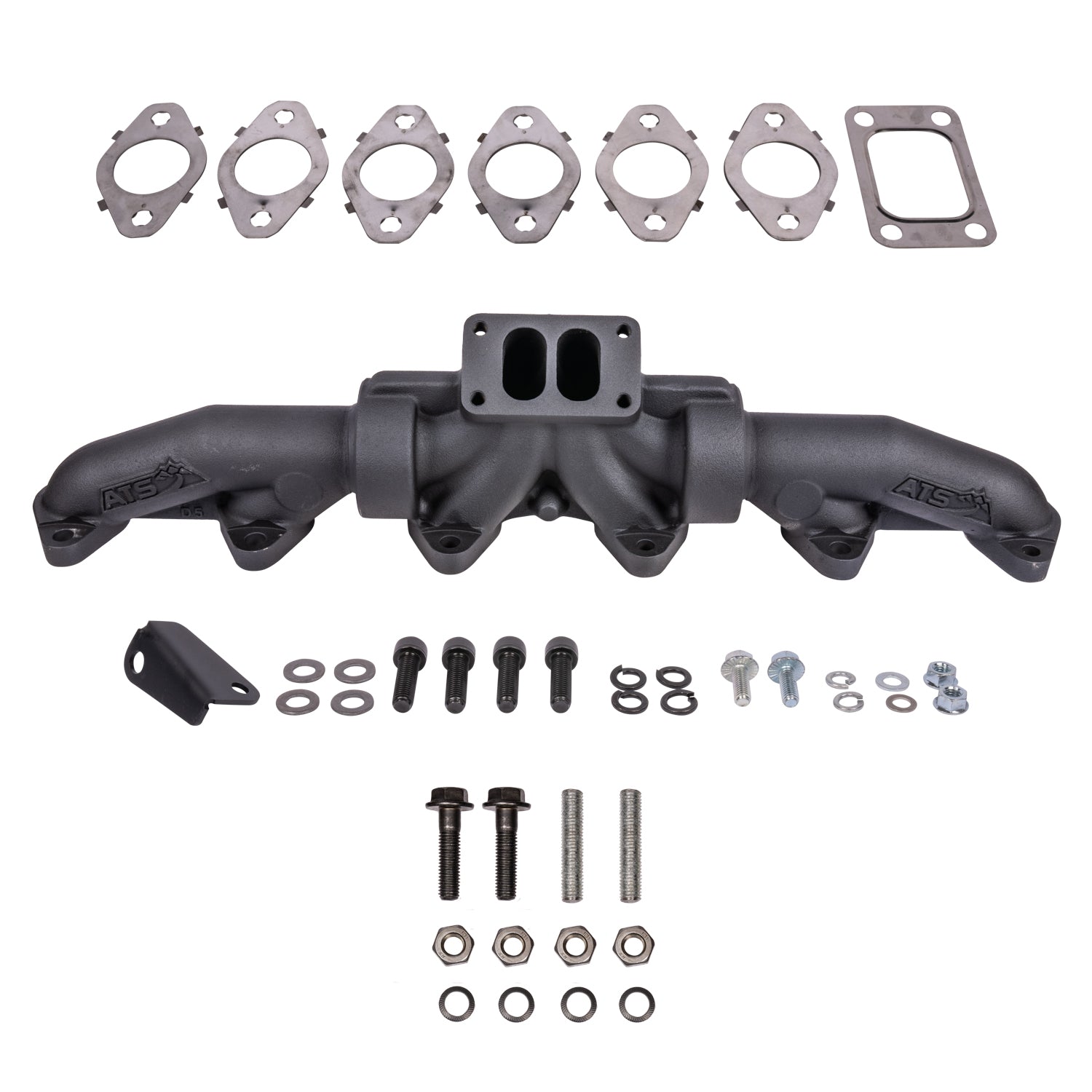 ATS 204-930-2218 Pulse Flow Exhaust Manifold Kit Fits 1998.5-2002 24V 5.9L Cummins 3-Pc T3 With Gaskets Turbo Hardware