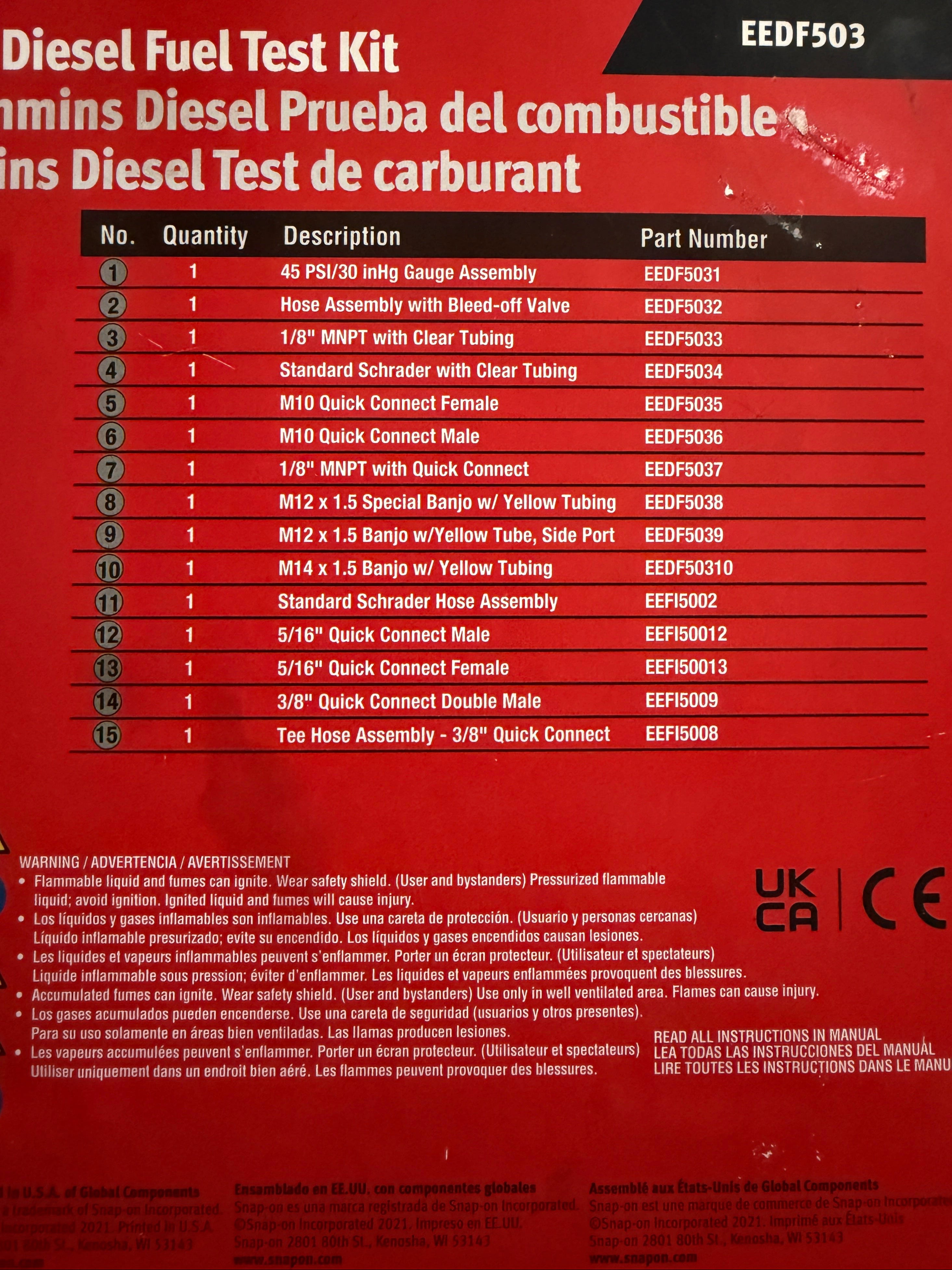 Snap-On Cummins® Engine Diesel Fuel Pressure Test Kit - EEDF503