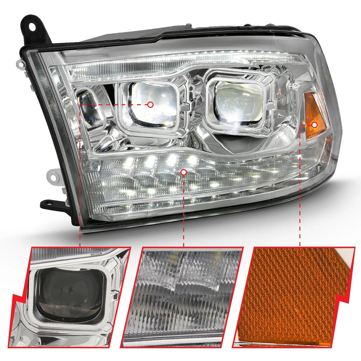 Anzo 111465 Chrome Plank Style Switchback Projector Headlights W/ Halo (2010-2018 6.7L Cummins, 2014-2018 3.0L EcoDiesel) - Southern Diesel Supply