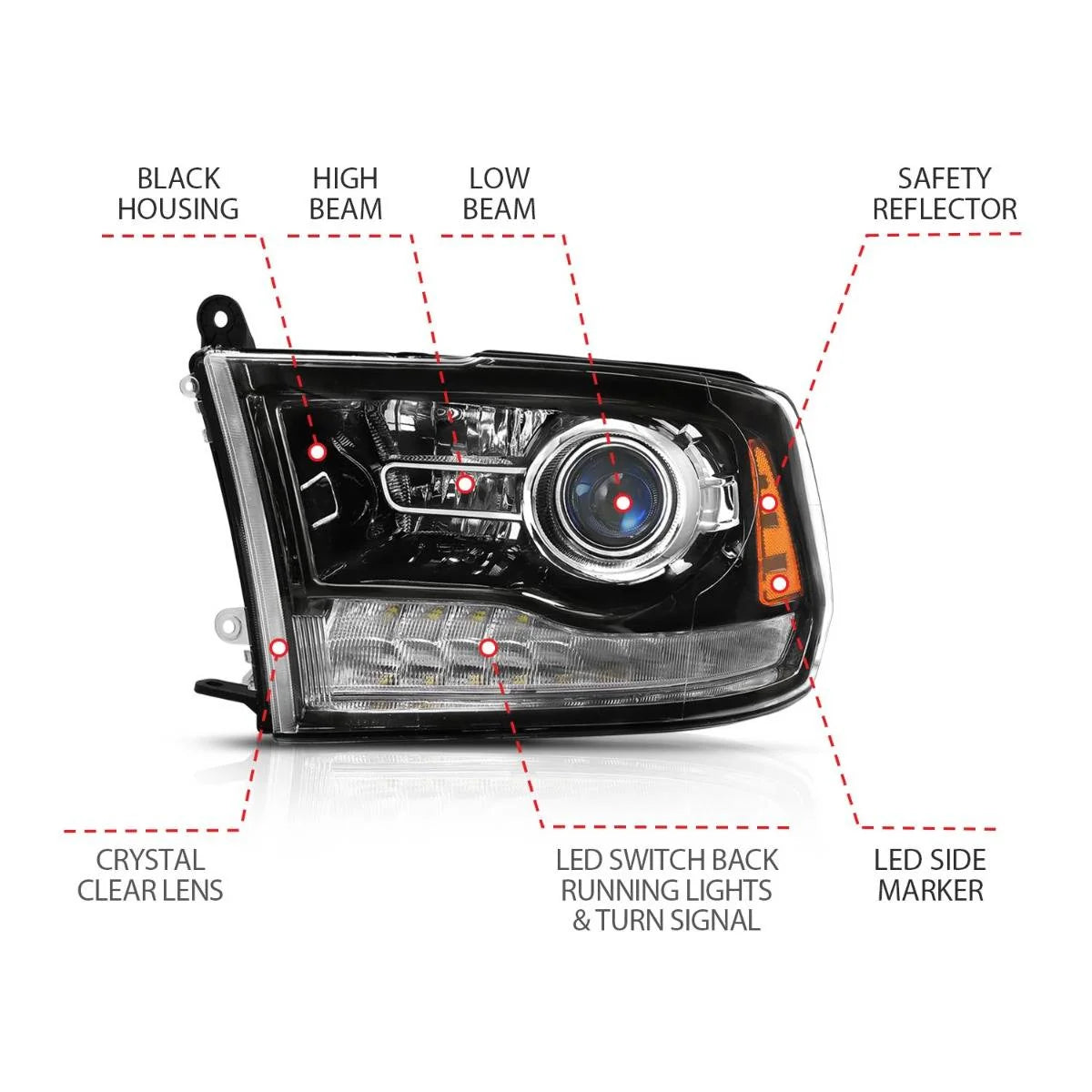 Anzo 111439 Black Plank Style Switchback Projector Headlights W/ Halo (2010-2018 6.7L Cummins, 2014-2018 3.0L EcoDiesel)