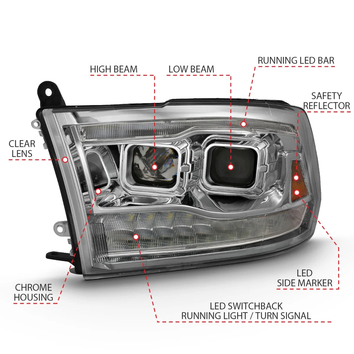 Anzo 111442 Chrome Switchback Projector Headlights (2010-2018 6.7Cummins, 2014-2018 3.0L EcoDiesel)