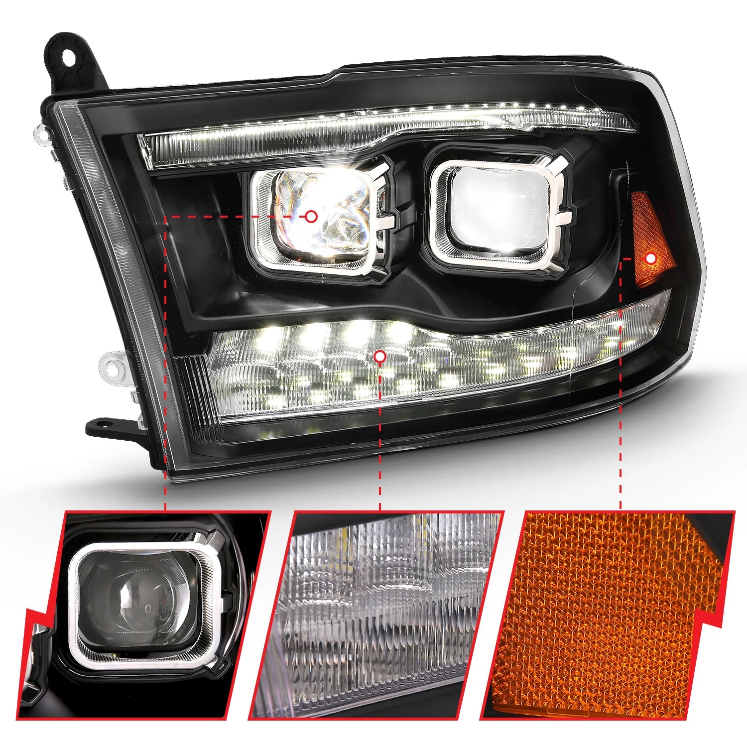 Anzo 111464 Black Switchback Dual LED Projector Headlights (2010-2018 6.7L Cummins, 2014-2018 3.0L EcoDiesel)