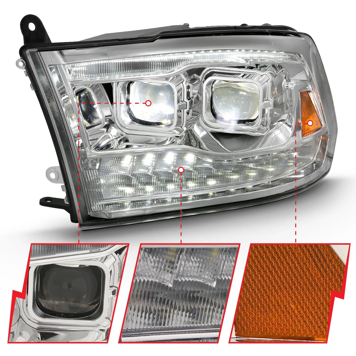 Anzo 111465 Chrome Plank Style Switchback Projector Headlights W/ Halo (2010-2018 6.7L Cummins, 2014-2018 3.0L EcoDiesel)