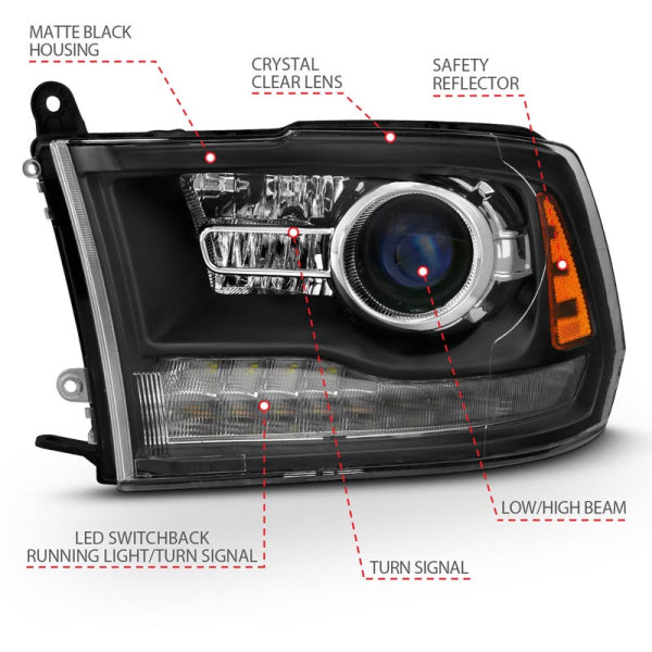 Anzo 111489 Black Plank Style Switchback Projector Headlights With Halo (2010-2018 6.7L Cummins, 2014-2018 3.0L EcoDiesel)