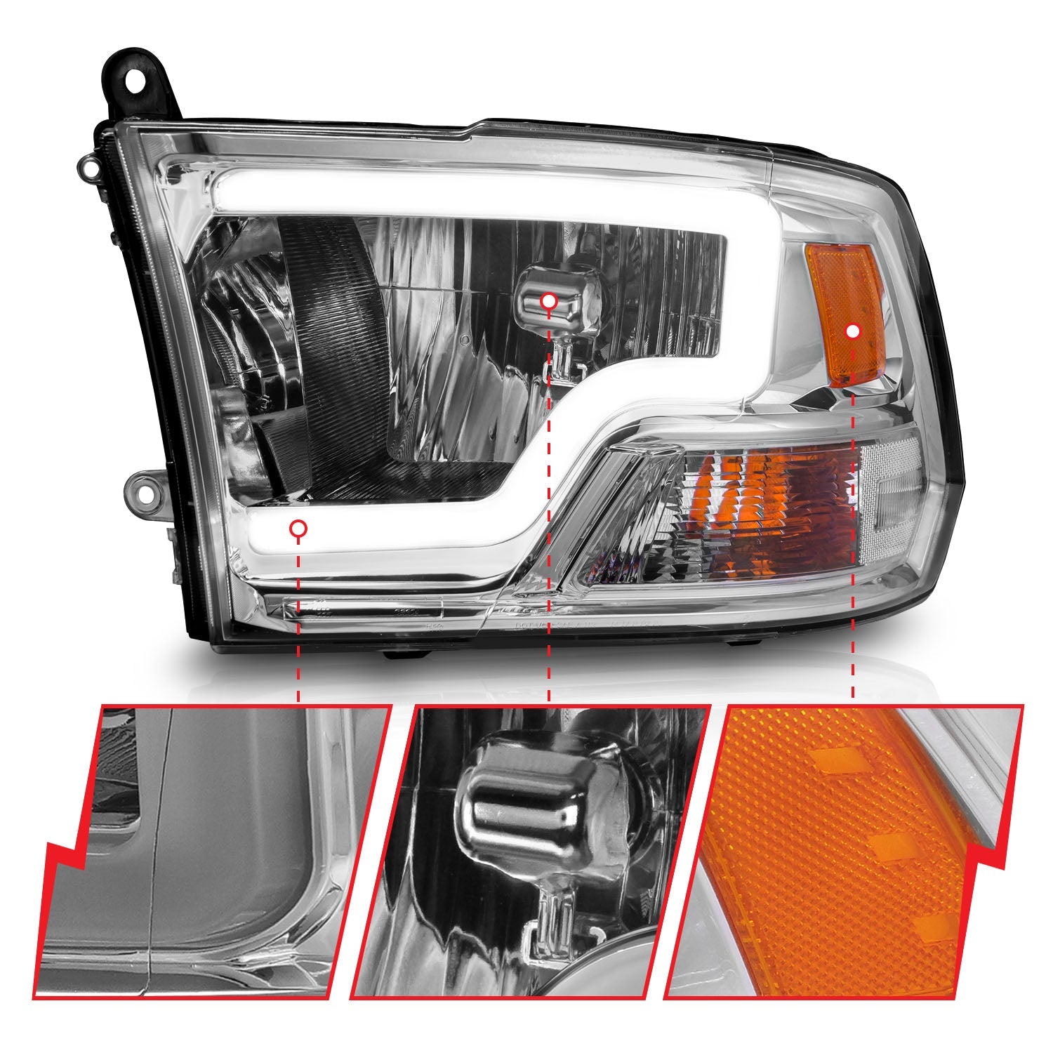 Anzo 111516 Chrome Crystal Headlights With LED Plank Light Bar (2010-2018 6.7L Cummins, 2014-2018 3.0L EcoDiesel)