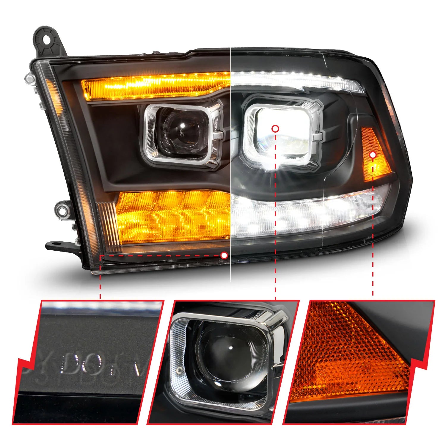 Anzo 111595 Black LED Dual Projector Plank Style Switchback Headlights (2010-2018 6.7L Cummins, 2014-2018 3.0L EcoDiesel)