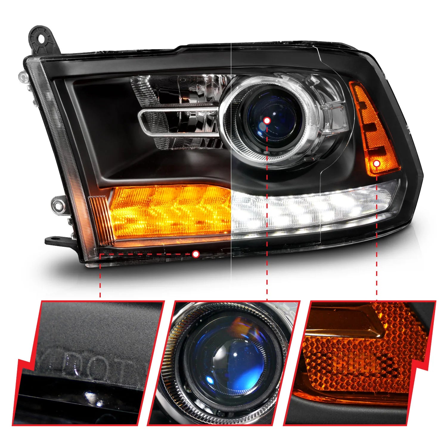 Anzo 111609 Black Switchback LED Plank Style Projector Headlights (2010-2018 6.7L Cummins,