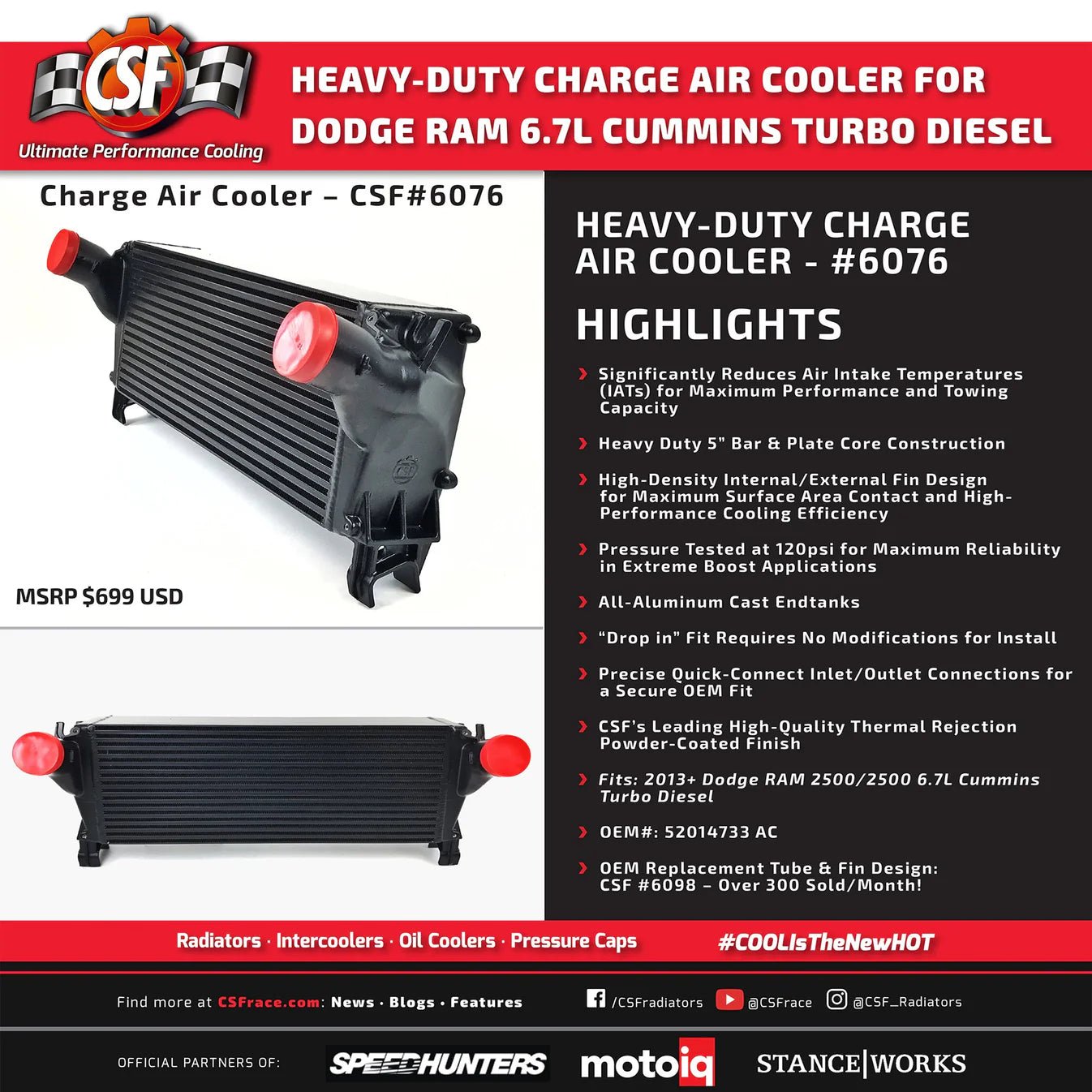 CSF 6076 Heavy Duty Intercooler (2013 - 2017 Cummins) - Southern Diesel Supply