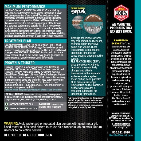 Hot Shot's Secret FR3 Friction Reducer Oil Additive - Southern Diesel Supply