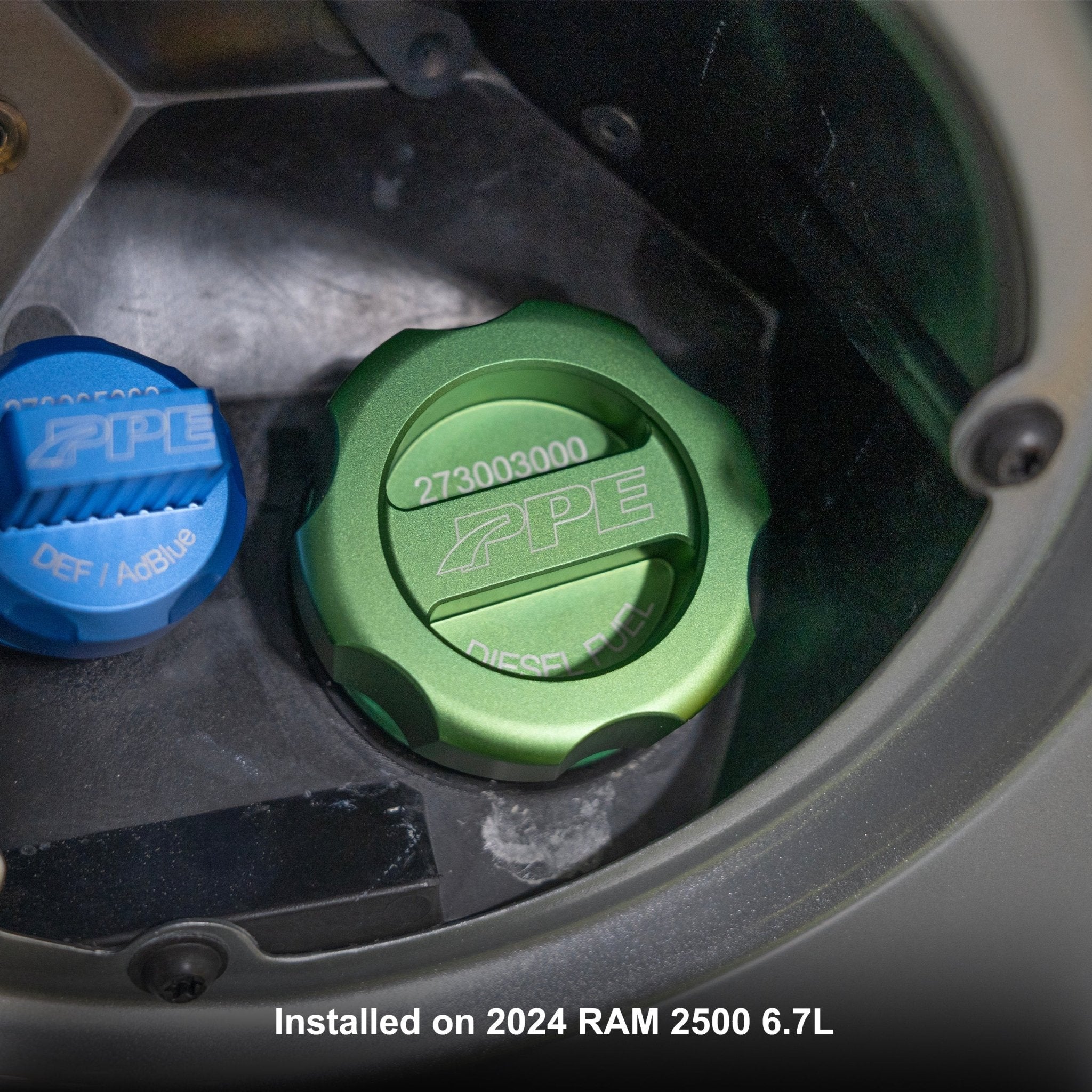 PPE 273003000 Billet Fuel Cap with Built - In Magnet (Anodized Green) (2019 - 2025 6.7L, 2019 - 2023 3.0L Cummins) - Southern Diesel Supply