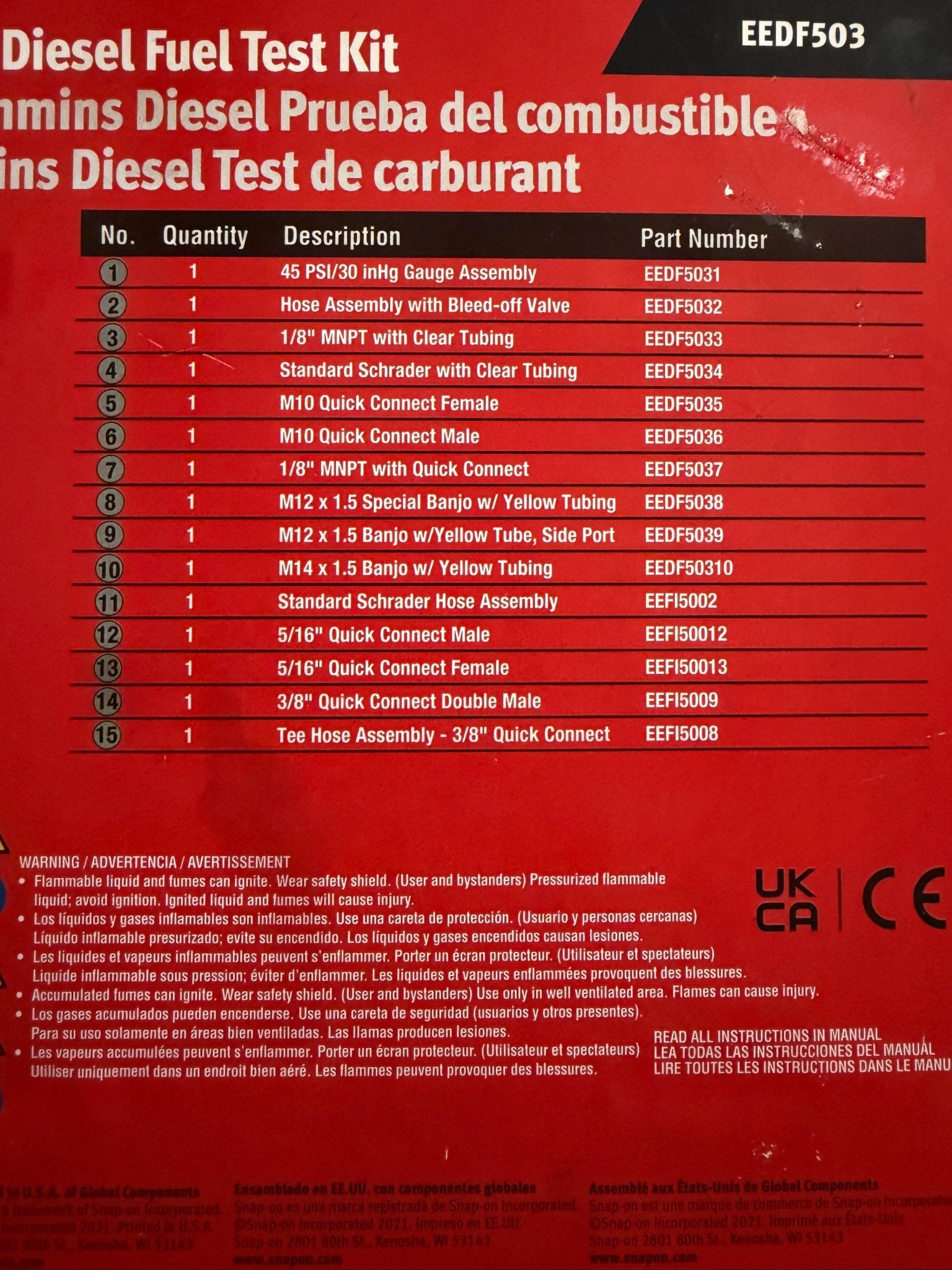 Snap-On Cummins® Engine Diesel Fuel Pressure Test Kit - EEDF503 - Southern Diesel Supply